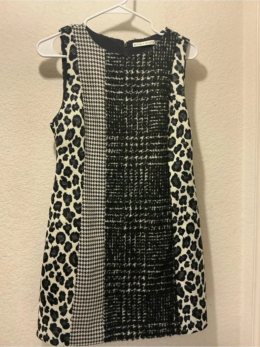 ALICE + OLIVIA Clyde wool-blend tweed, woven and leopard-jacquard dress Sz 4